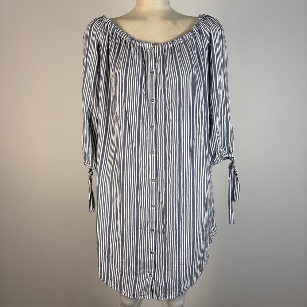 Cottagecore Gentle Fawn Striped Mini Dress with Tie Sleeves & Button Front M